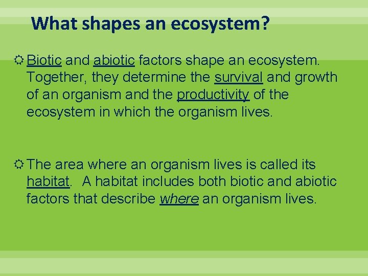 What shapes an ecosystem? Biotic and abiotic factors shape an ecosystem. Together, they determine