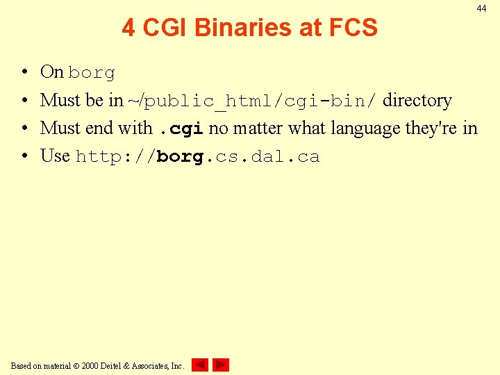 4 CGI Binaries at FCS • • 44 On borg Must be in ~/public_html/cgi-bin/