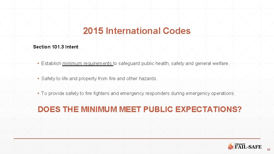 2015 International Codes Section 101. 3 Intent ▪ Establish minimum requirements to safeguard public