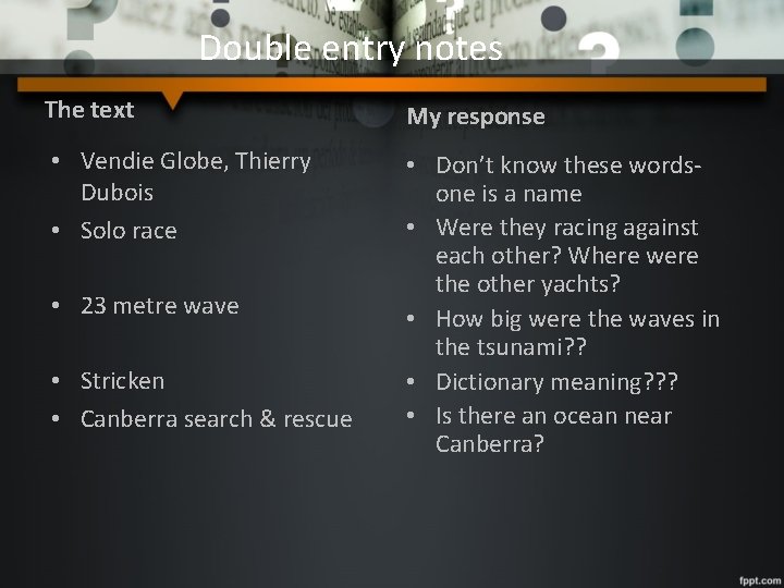 Double entry notes The text My response • Vendie Globe, Thierry Dubois • Solo