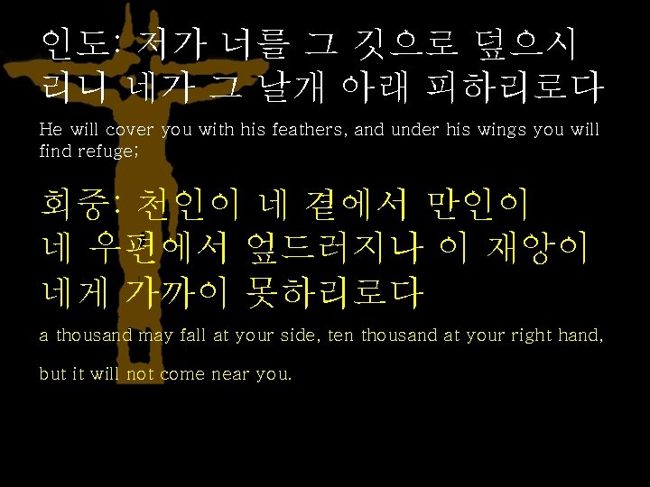 인도: 저가 너를 그 깃으로 덮으시 리니 네가 그 날개 아래 피하리로다 He will