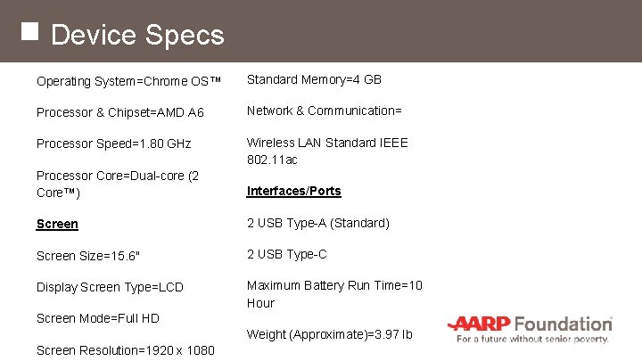 Device Specs Operating System=Chrome OS™ Standard Memory=4 GB Processor & Chipset=AMD A 6 Network