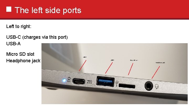 The left side ports Left to right: USB-C (charges via this port) USB-A Micro