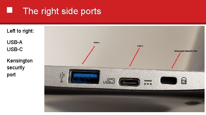 The right side ports Left to right: USB-A USB-C Kensington security port 