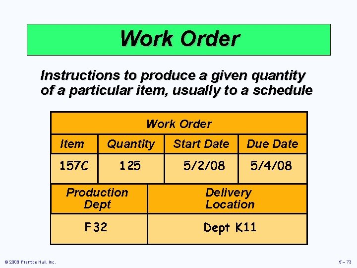 Work Order Instructions to produce a given quantity of a particular item, usually to