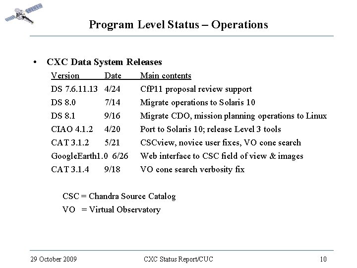 Program Level Status – Operations • CXC Data System Releases Version Date DS 7.
