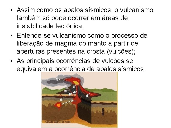  • Assim como os abalos sísmicos, o vulcanismo também só pode ocorrer em