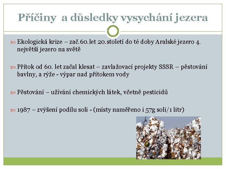 Příčiny a důsledky vysychání jezera Ekologická krize – zač. 60. let 20. století do