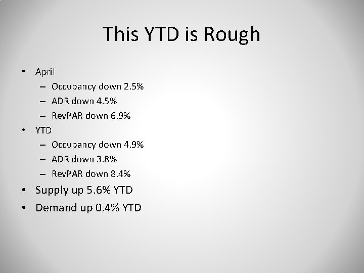 This YTD is Rough • April – Occupancy down 2. 5% – ADR down