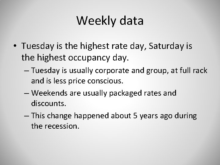 Weekly data • Tuesday is the highest rate day, Saturday is the highest occupancy