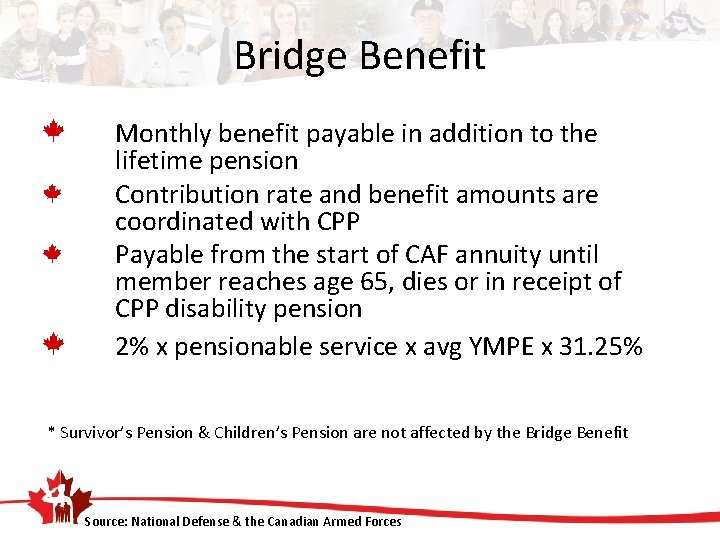 Bridge Benefit Monthly benefit payable in addition to the lifetime pension Contribution rate and