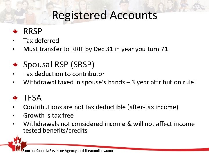 Registered Accounts RRSP • • Tax deferred Must transfer to RRIF by Dec. 31