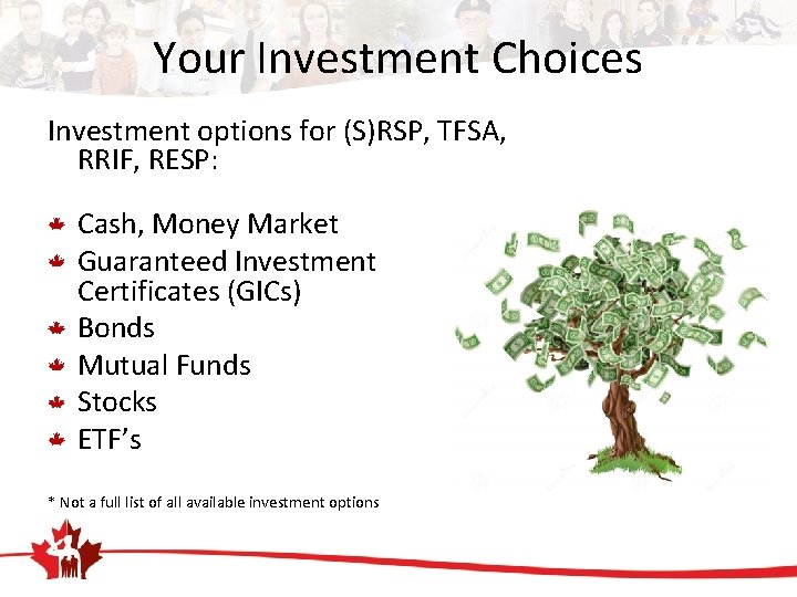 Your Investment Choices Investment options for (S)RSP, TFSA, RRIF, RESP: Cash, Money Market Guaranteed