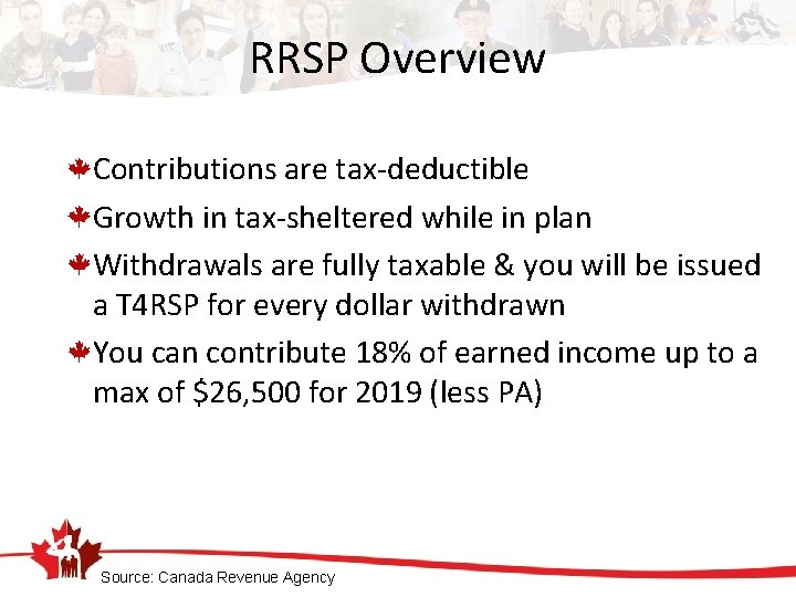 RRSP Overview Contributions are tax-deductible Growth in tax-sheltered while in plan Withdrawals are fully