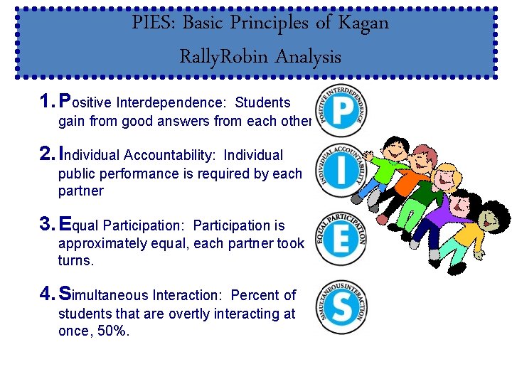 PIES: Basic Principles of Kagan Rally. Robin Analysis 1. Positive Interdependence: Students gain from