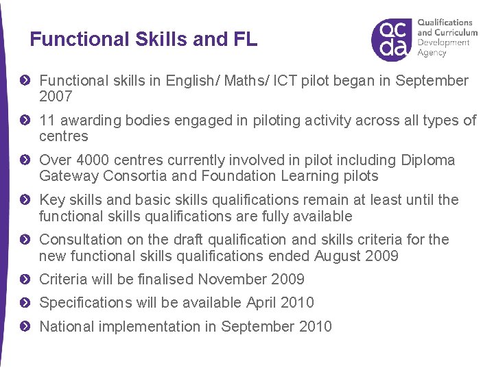 Functional Skills and FL Functional skills in English/ Maths/ ICT pilot began in September