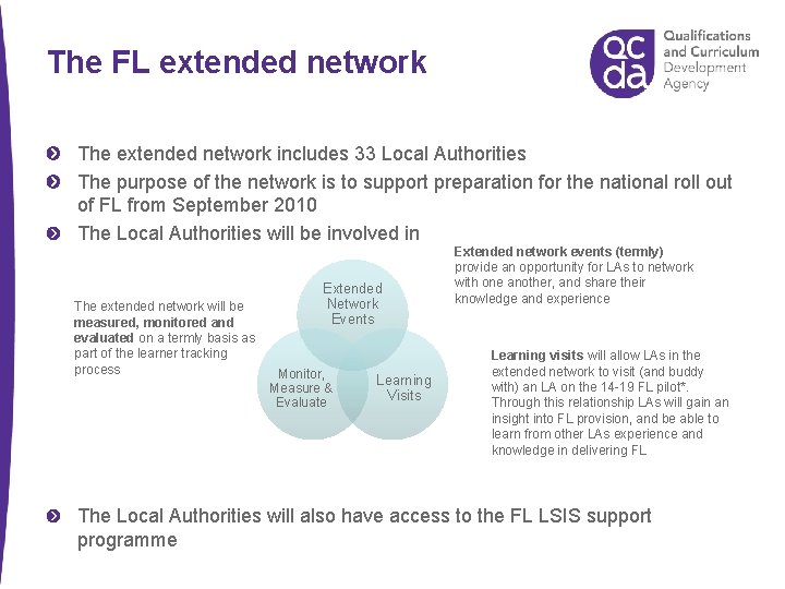 The FL extended network The extended network includes 33 Local Authorities The purpose of