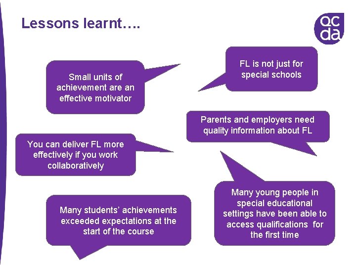 Lessons learnt…. Small units of achievement are an effective motivator FL is not just