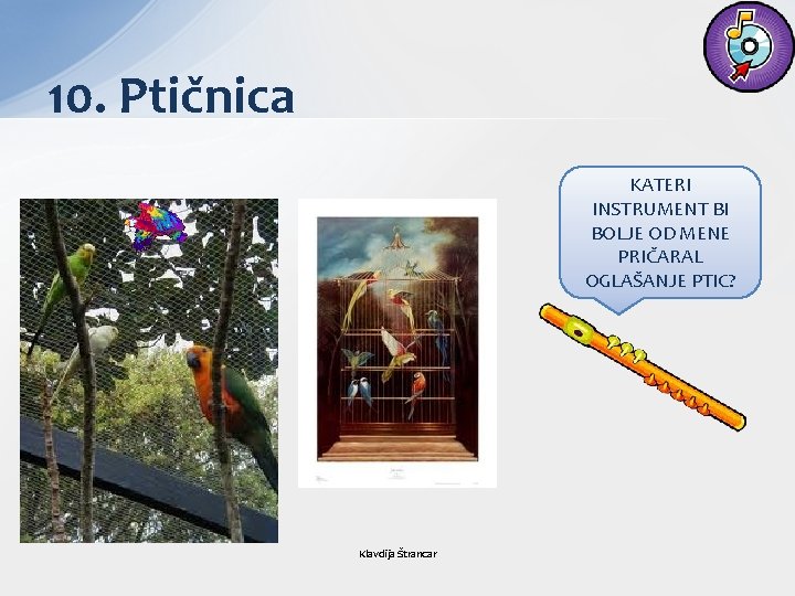 10. Ptičnica KATERI INSTRUMENT BI BOLJE OD MENE PRIČARAL OGLAŠANJE PTIC? Klavdija Štrancar 