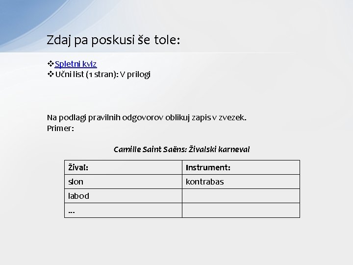 Zdaj pa poskusi še tole: v. Spletni kviz v. Učni list (1 stran): V