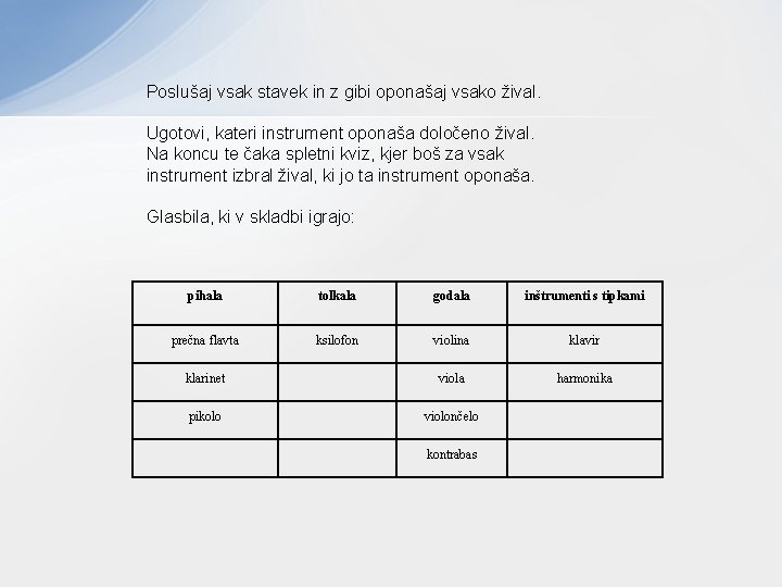 Poslušaj vsak stavek in z gibi oponašaj vsako žival. Ugotovi, kateri instrument oponaša določeno