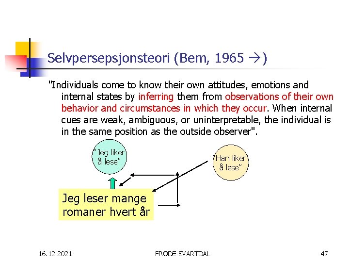 Selvpersepsjonsteori (Bem, 1965 ) "Individuals come to know their own attitudes, emotions and internal