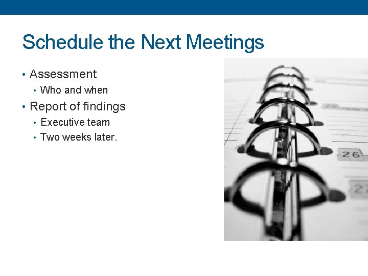 Schedule the Next Meetings • Assessment • Who and when • Report of findings