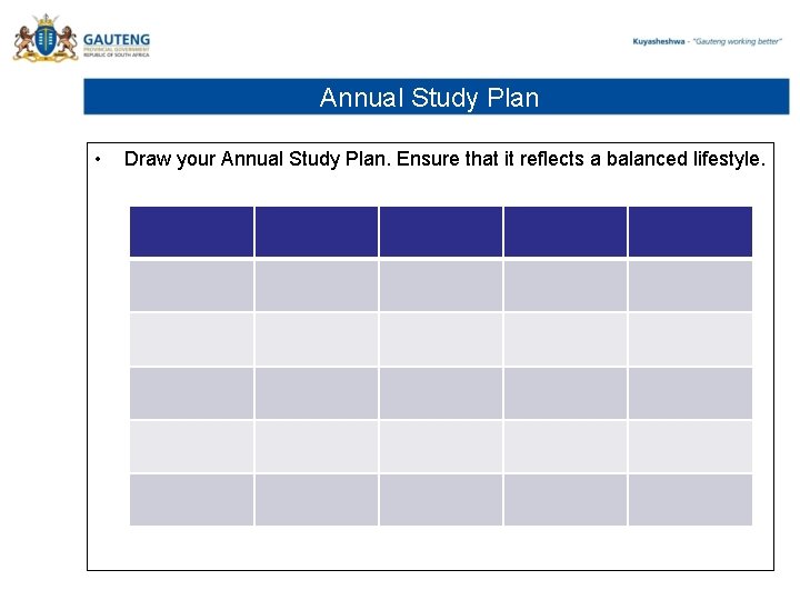 Annual Study Plan • Draw your Annual Study Plan. Ensure that it reflects a