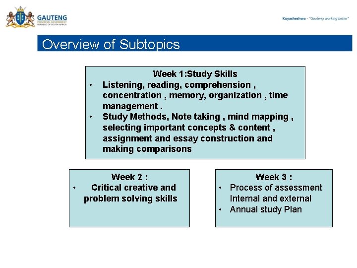 Overview of Subtopics • • Week 1: Study Skills Listening, reading, comprehension , concentration