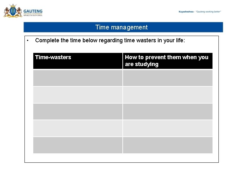 Time management • Complete the time below regarding time wasters in your life: Time-wasters