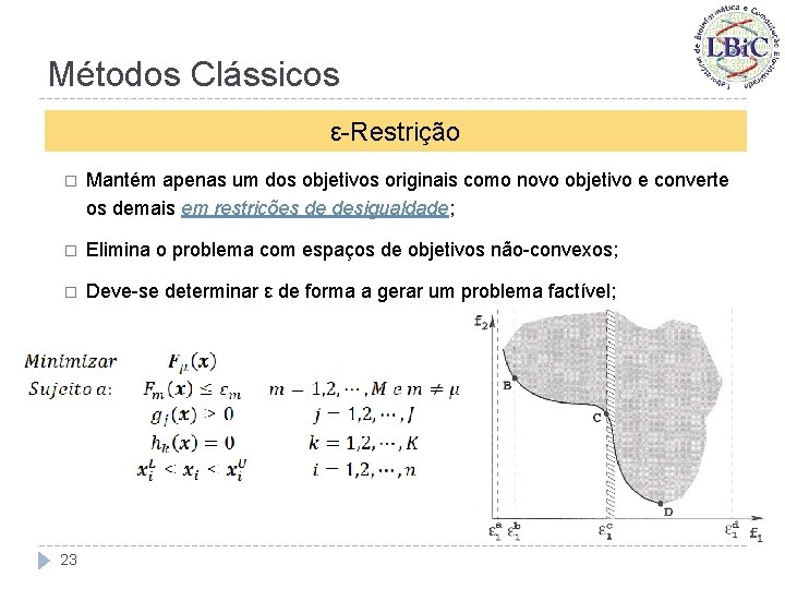 Métodos Clássicos ε-Restrição � Mantém apenas um dos objetivos originais como novo objetivo e