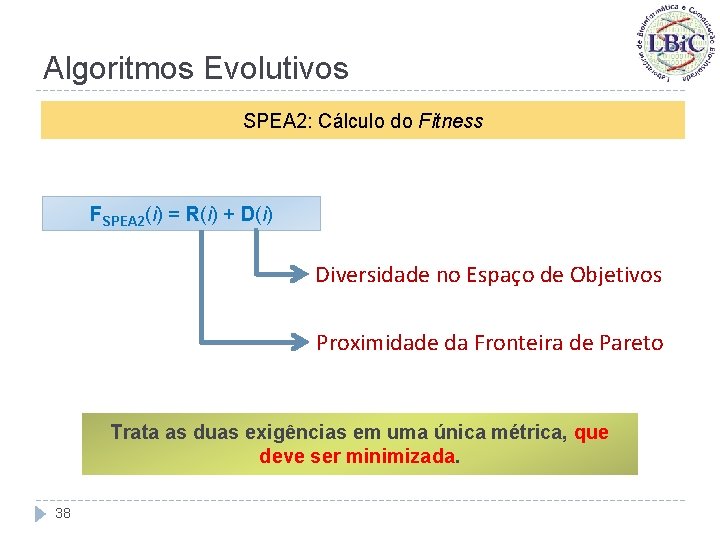 Algoritmos Evolutivos SPEA 2: Cálculo do Fitness FSPEA 2(i) = R(i) + D(i) Diversidade