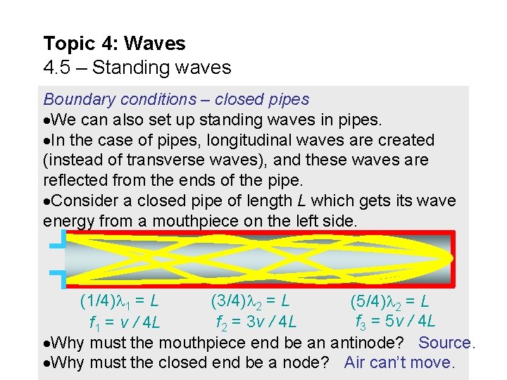 Topic 4: Waves 4. 5 – Standing waves Boundary conditions – closed pipes We