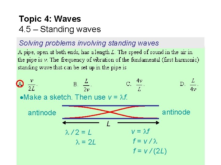 Topic 4: Waves 4. 5 – Standing waves Solving problems involving standing waves Make