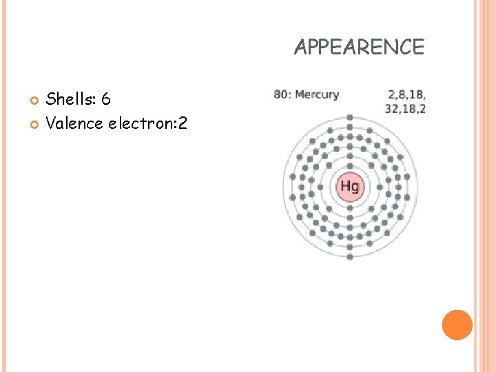 APPEARENCE Shells: 6 Valence electron: 2 