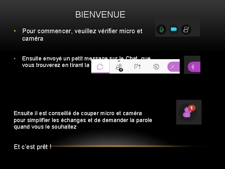 BIENVENUE • Pour commencer, veuillez vérifier micro et caméra • Ensuite envoyé un petit