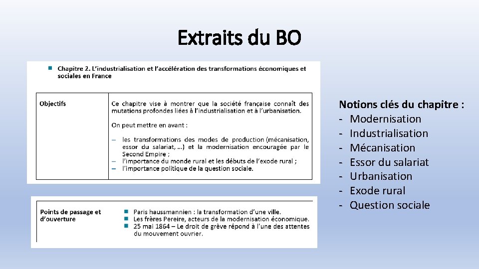 Extraits du BO Notions clés du chapitre : - Modernisation - Industrialisation - Mécanisation