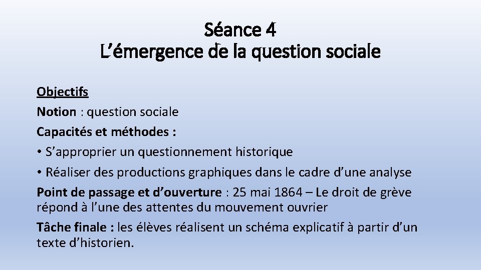 Séance 4 L’émergence de la question sociale Objectifs Notion : question sociale Capacités et
