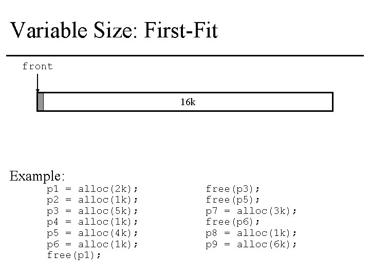Variable Size: First-Fit front 16 k Example: p 1 = alloc(2 k); p 2