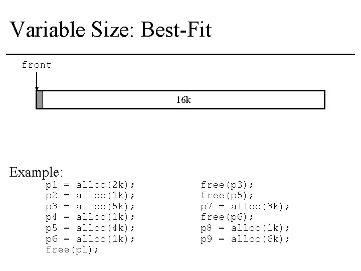 Variable Size: Best-Fit front 16 k Example: p 1 = alloc(2 k); p 2