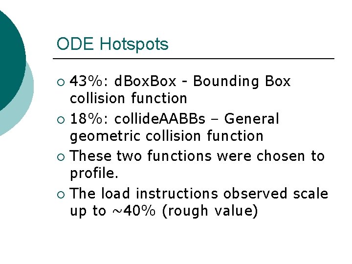 ODE Hotspots 43%: d. Box - Bounding Box collision function ¡ 18%: collide. AABBs