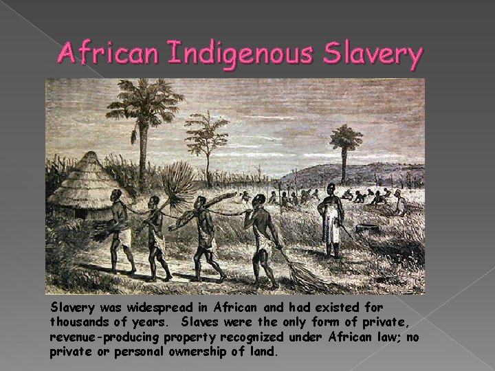 African Indigenous Slavery was widespread in African and had existed for thousands of years.
