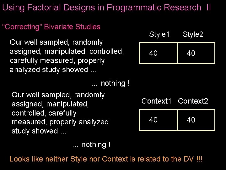 Using Factorial Designs in Programmatic Research II “Correcting” Bivariate Studies Our well sampled, randomly