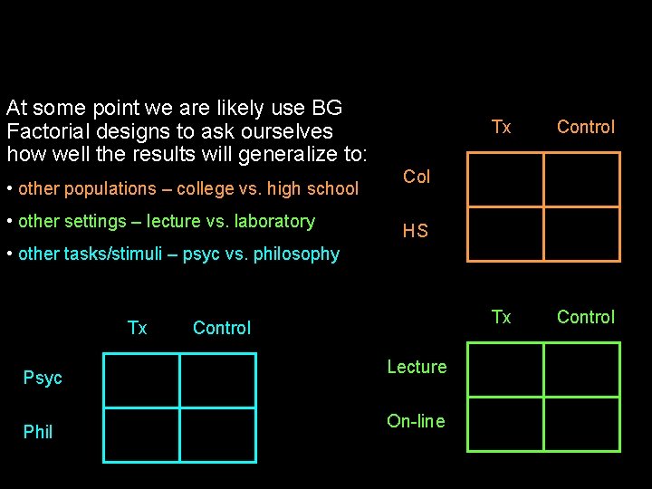 At some point we are likely use BG Factorial designs to ask ourselves how