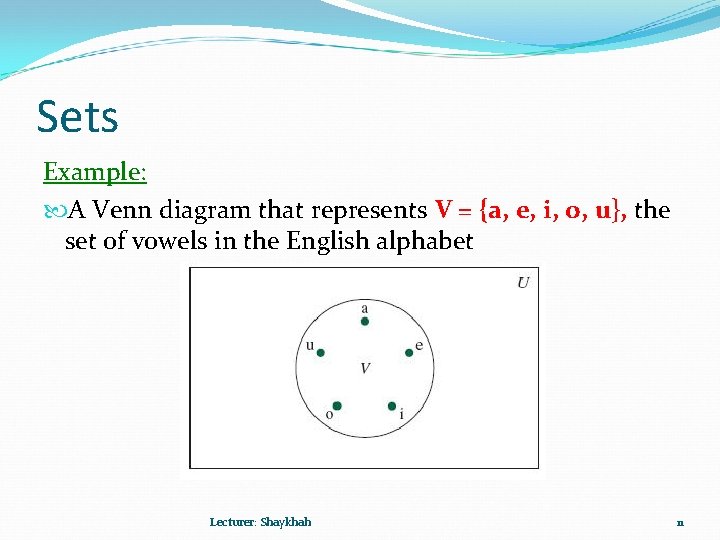 Sets Example: A Venn diagram that represents V = {a, e, i, o, u},