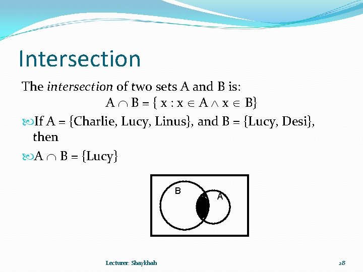 Intersection The intersection of two sets A and B is: A B = {