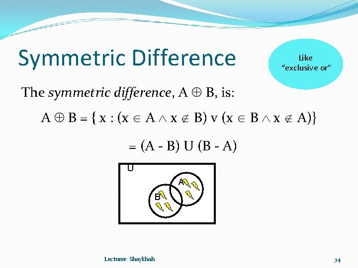Symmetric Difference Like “exclusive or” The symmetric difference, A B, is: A B =