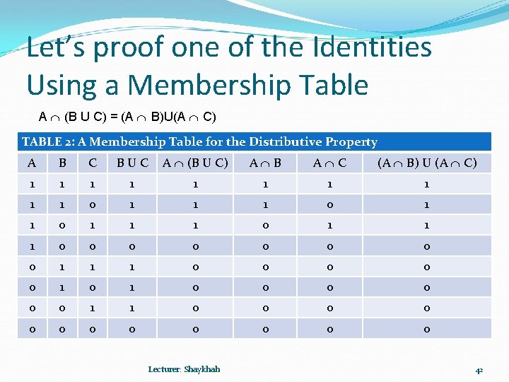Let’s proof one of the Identities Using a Membership Table A (B U C)