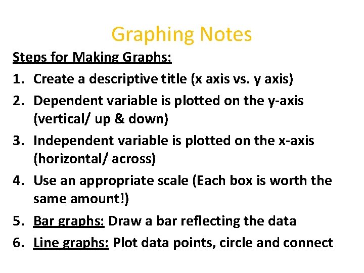 Graphing Notes Steps for Making Graphs: 1. Create a descriptive title (x axis vs.