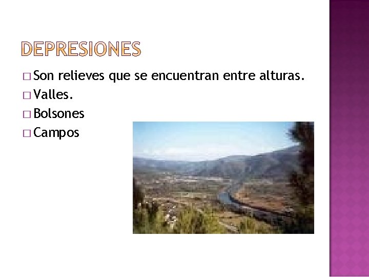 � Son relieves que se encuentran entre alturas. � Valles. � Bolsones � Campos